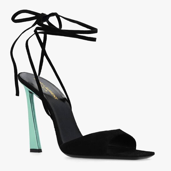 Saint Laurent Paz Black Suede Lace-Up Green-Heeled Sandals - Picture 1 of 11